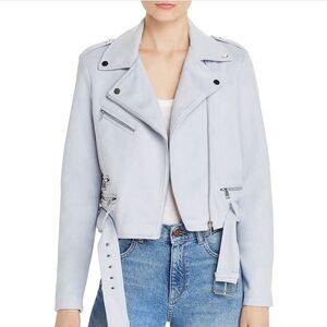 NWT Aqua Suede Soft Solid Blue Front Zipper Belted Biker Leather Jacket Size L